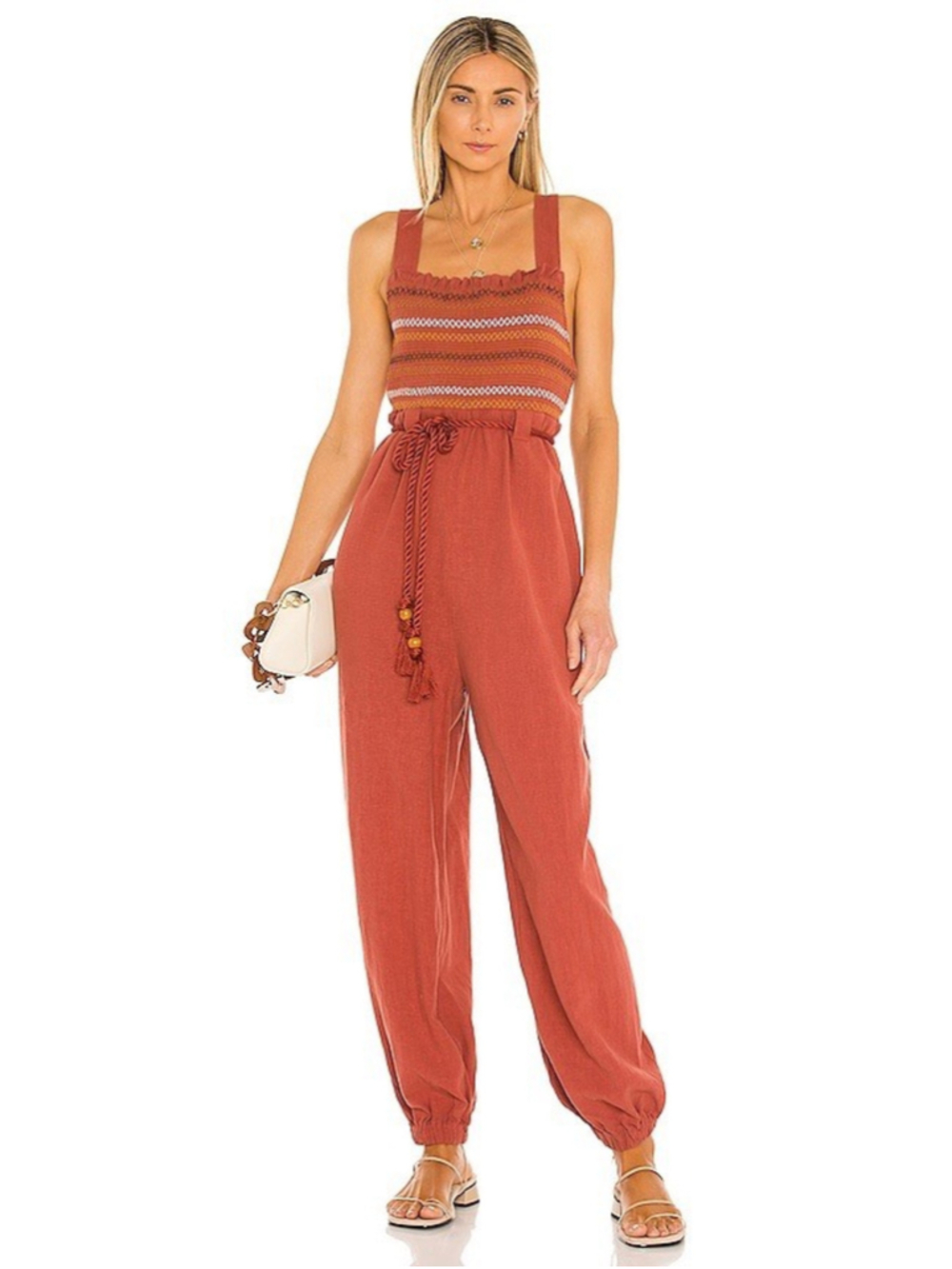 Free People Sienna Smocked Jumpsuit L Rust Linen Blend Boho Tie Back Rope Belt